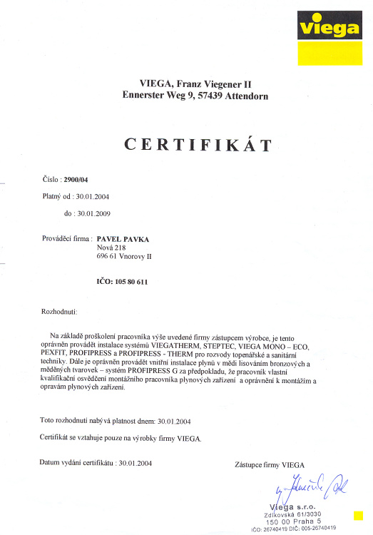Certifikát Viega