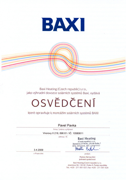 Osvědčení Baxi