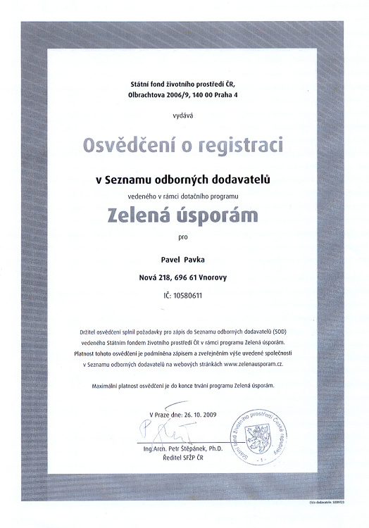Certifikát Zelená úsporám